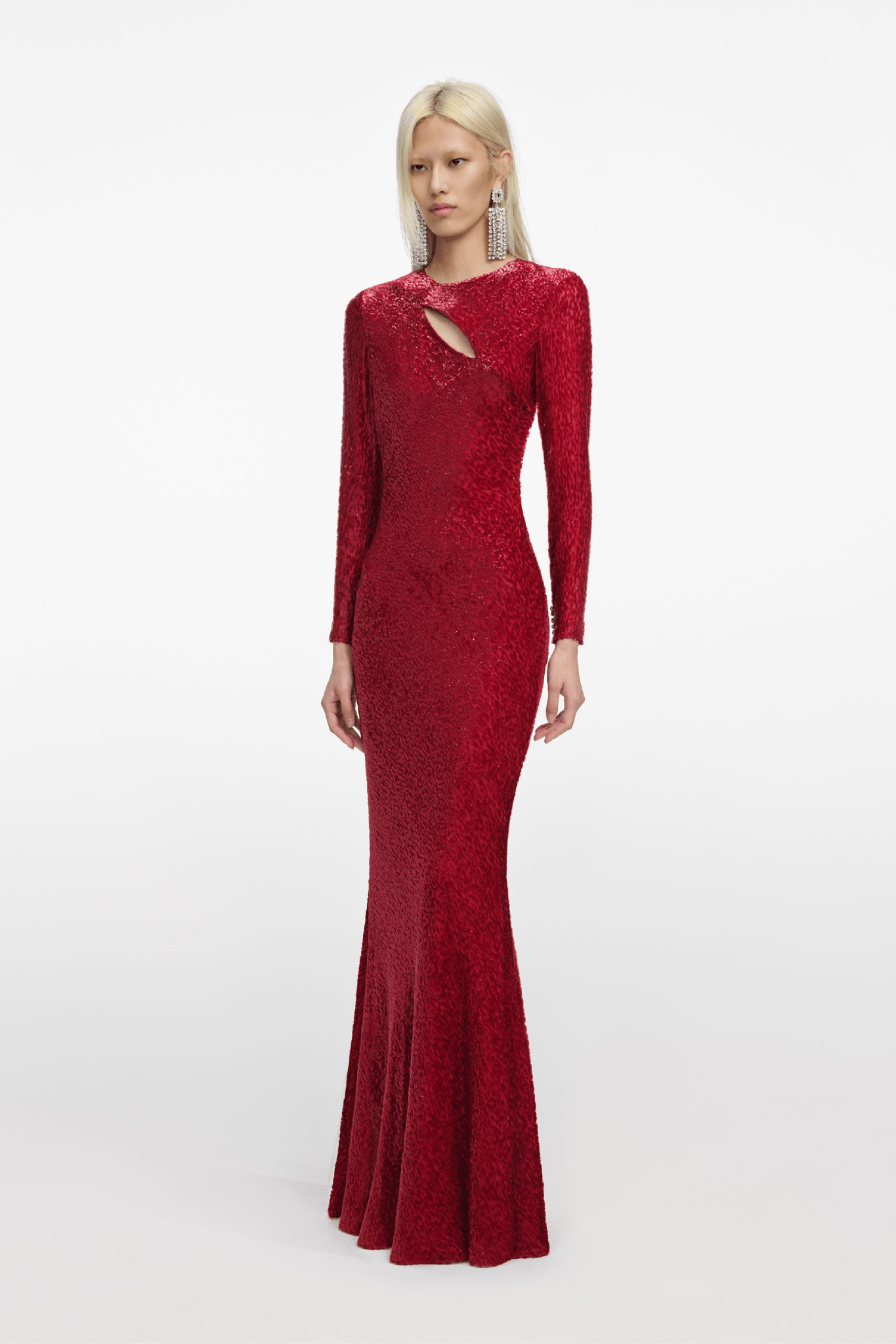 Red Fil Coupé Maxi Dress - ALBOUSHIYA - district 5 - dubai - riyadh - abaya - dresses - designers - evening wear - luxury - elegance - craftsmanship - gowns - cocktail dresses - collections - georges