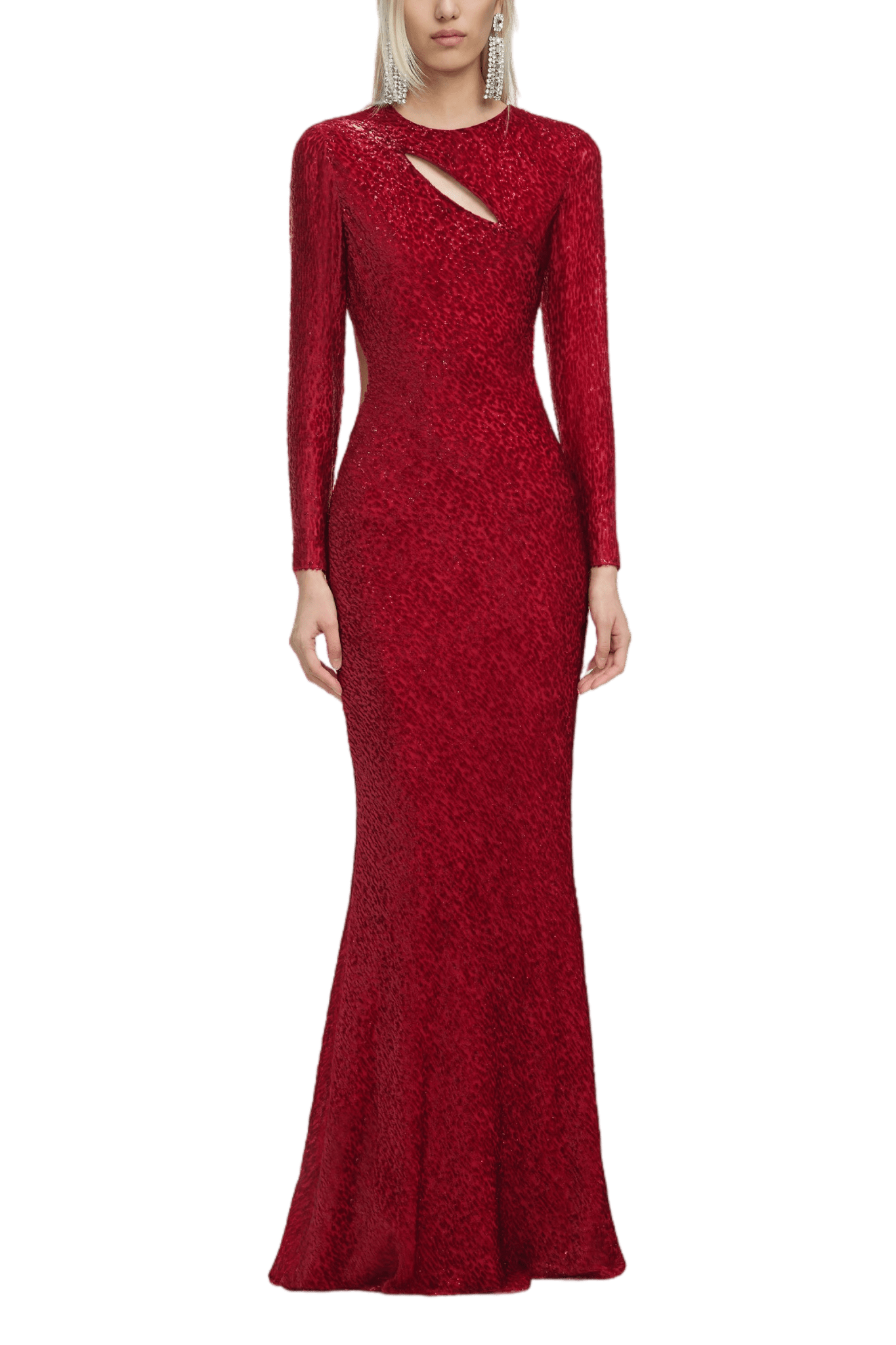 Red Fil Coupé Maxi Dress - ALBOUSHIYA - district 5 - dubai - riyadh - abaya - dresses - designers - evening wear - luxury - elegance - craftsmanship - gowns - cocktail dresses - collections - georges