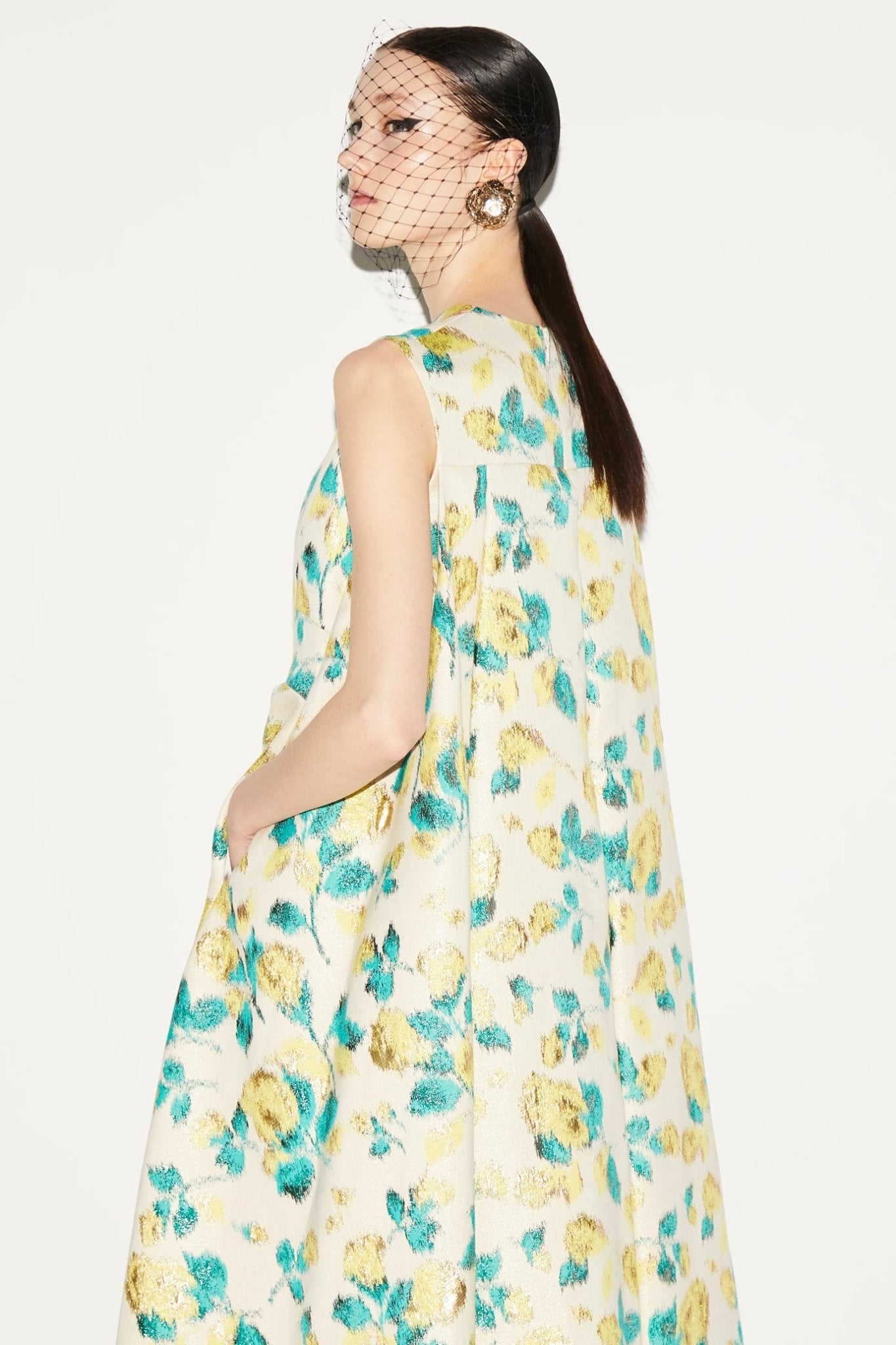 Renee Metallic Floral Jacquard Cape Midi Dress - ALBOUSHIYA - district 5 - dubai - riyadh - abaya - dresses - designers - evening wear - luxury - elegance - craftsmanship - gowns - cocktail dresses - collections - georges