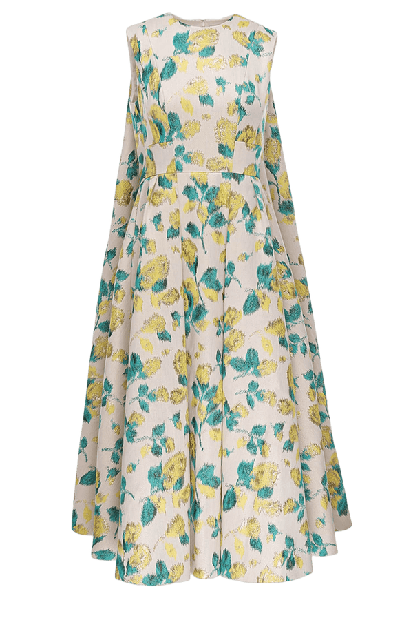 Renee Metallic Floral Jacquard Cape Midi Dress - ALBOUSHIYA - district 5 - dubai - riyadh - abaya - dresses - designers - evening wear - luxury - elegance - craftsmanship - gowns - cocktail dresses - collections - georges