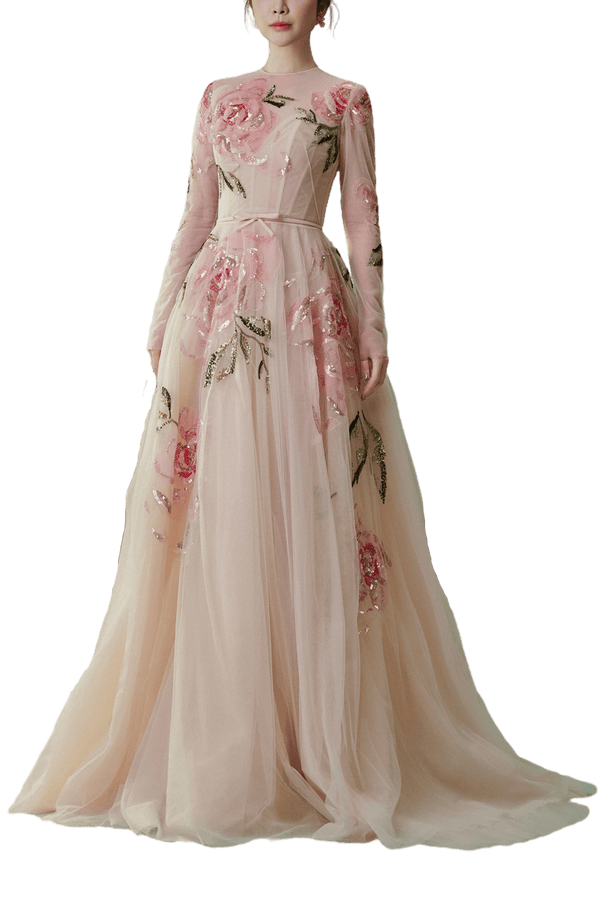 Rosé en Fleur Gown - ALBOUSHIYA - district 5 - dubai - riyadh - abaya - dresses - designers - evening wear - luxury - elegance - craftsmanship - gowns - cocktail dresses - collections - georges