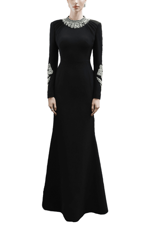 Round Neck Long Sleeve Embellished Dress - ALBOUSHIYA - district 5 - dubai - riyadh - abaya - dresses - designers - evening wear - luxury - elegance - craftsmanship - gowns - cocktail dresses - collections - georges