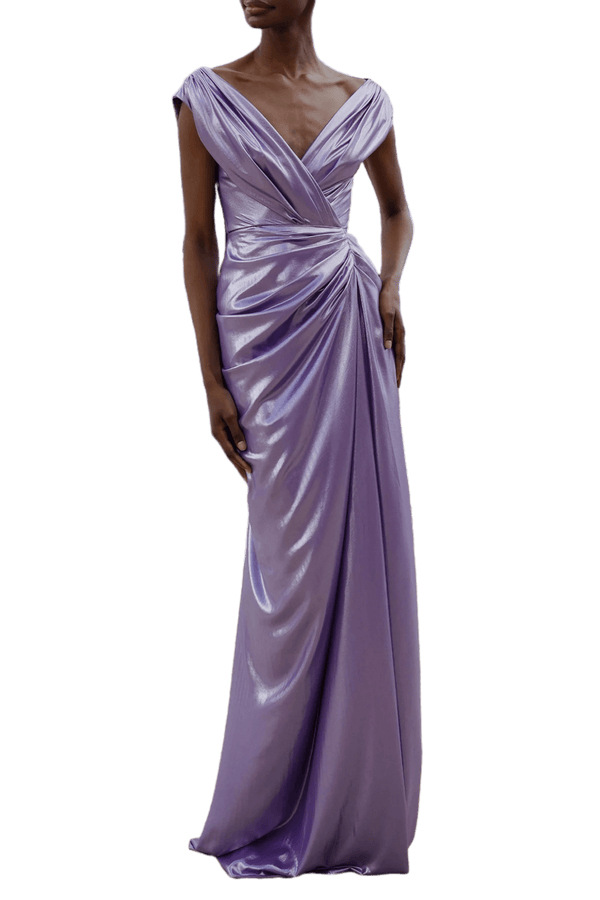 Saara Draped Glossy Chiffon Dress - ALBOUSHIYA - district 5 - dubai - riyadh - abaya - dresses - designers - evening wear - luxury - elegance - craftsmanship - gowns - cocktail dresses - collections - georges
