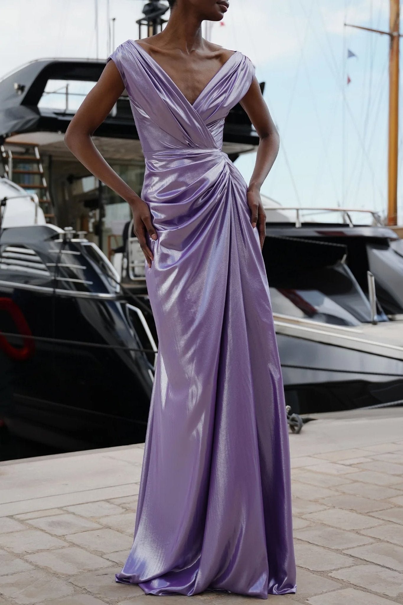 Saara Draped Glossy Chiffon Dress - ALBOUSHIYA - district 5 - dubai - riyadh - abaya - dresses - designers - evening wear - luxury - elegance - craftsmanship - gowns - cocktail dresses - collections - georges