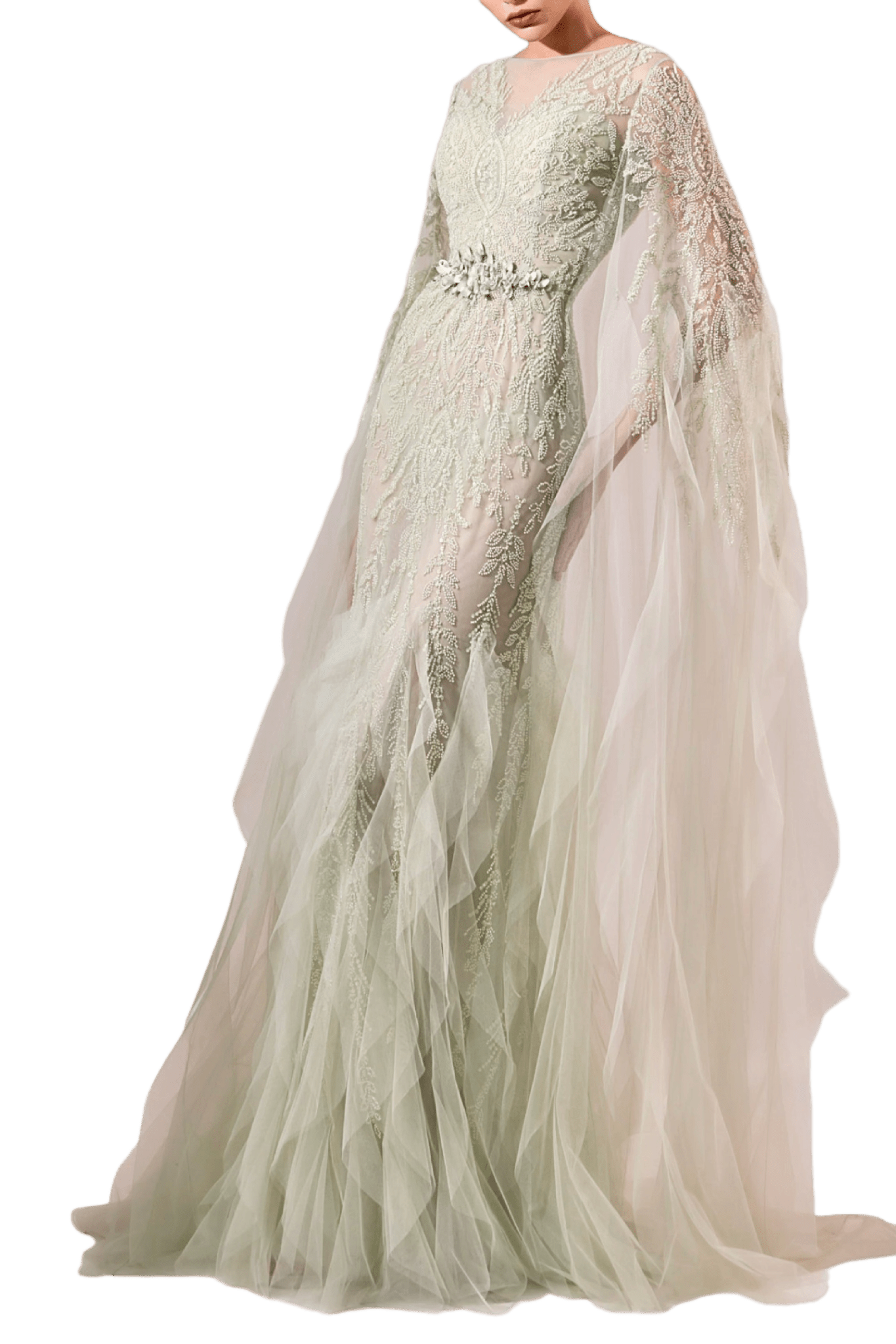 Sage Green Embellished Tulle Gown with Draped Cape Sleeves - ALBOUSHIYA - district 5 - dubai - riyadh - abaya - dresses - designers - evening wear - luxury - elegance - craftsmanship - gowns - cocktail dresses - collections - georges