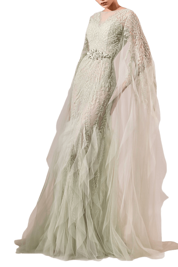 Sage Green Embellished Tulle Gown with Draped Cape Sleeves - ALBOUSHIYA - district 5 - dubai - riyadh - abaya - dresses - designers - evening wear - luxury - elegance - craftsmanship - gowns - cocktail dresses - collections - georges