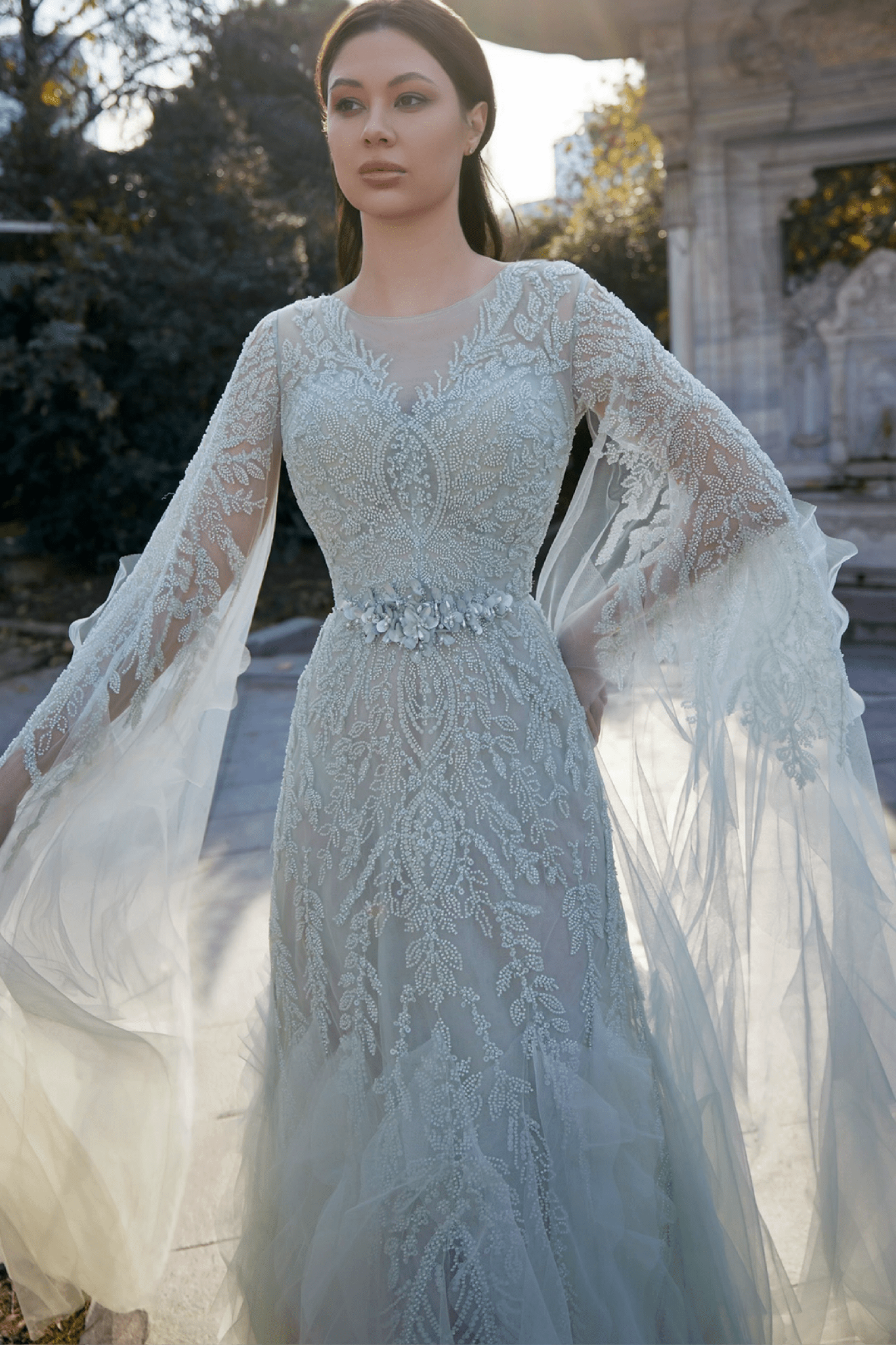 Sage Green Embellished Tulle Gown with Draped Cape Sleeves - ALBOUSHIYA - district 5 - dubai - riyadh - abaya - dresses - designers - evening wear - luxury - elegance - craftsmanship - gowns - cocktail dresses - collections - georges