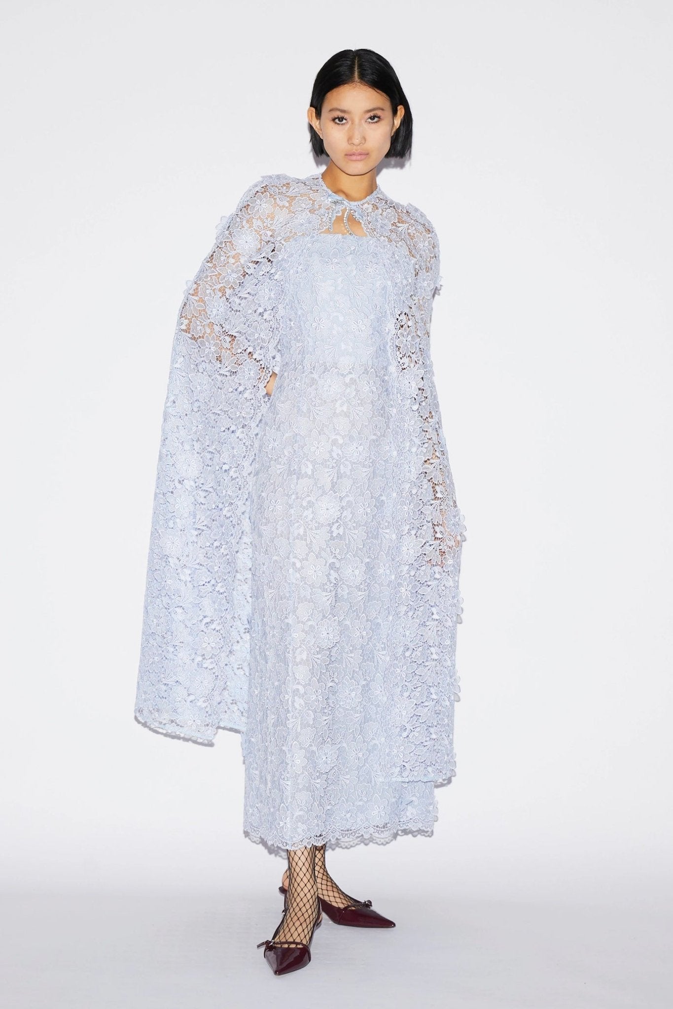 Samantha Cape Dusty Blue Lace - ALBOUSHIYA - district 5 - dubai - riyadh - abaya - dresses - designers - evening wear - luxury - elegance - craftsmanship - gowns - cocktail dresses - collections - georges