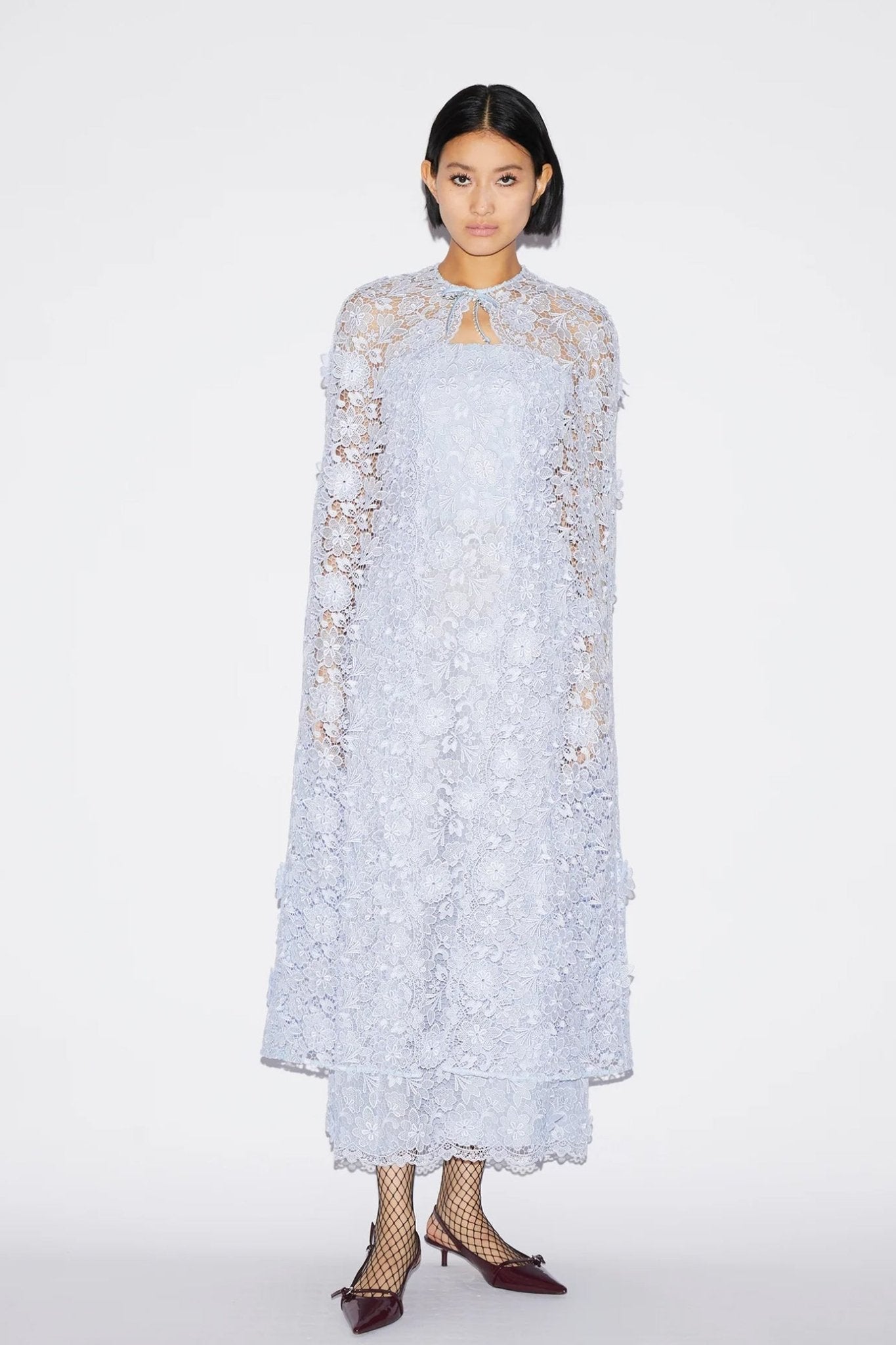 Samantha Cape Dusty Blue Lace - ALBOUSHIYA - district 5 - dubai - riyadh - abaya - dresses - designers - evening wear - luxury - elegance - craftsmanship - gowns - cocktail dresses - collections - georges