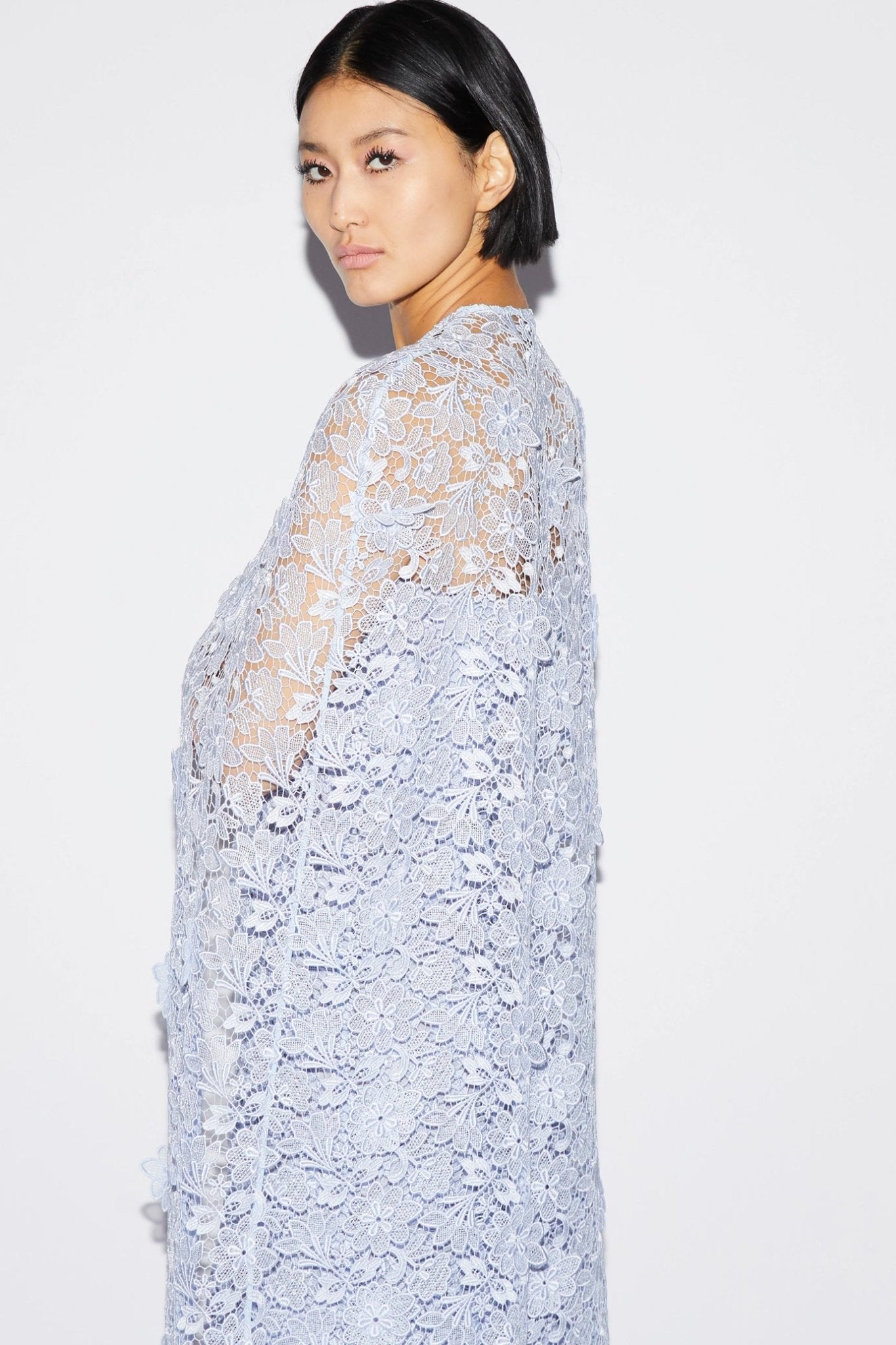 Samantha Cape Dusty Blue Lace - ALBOUSHIYA - district 5 - dubai - riyadh - abaya - dresses - designers - evening wear - luxury - elegance - craftsmanship - gowns - cocktail dresses - collections - georges
