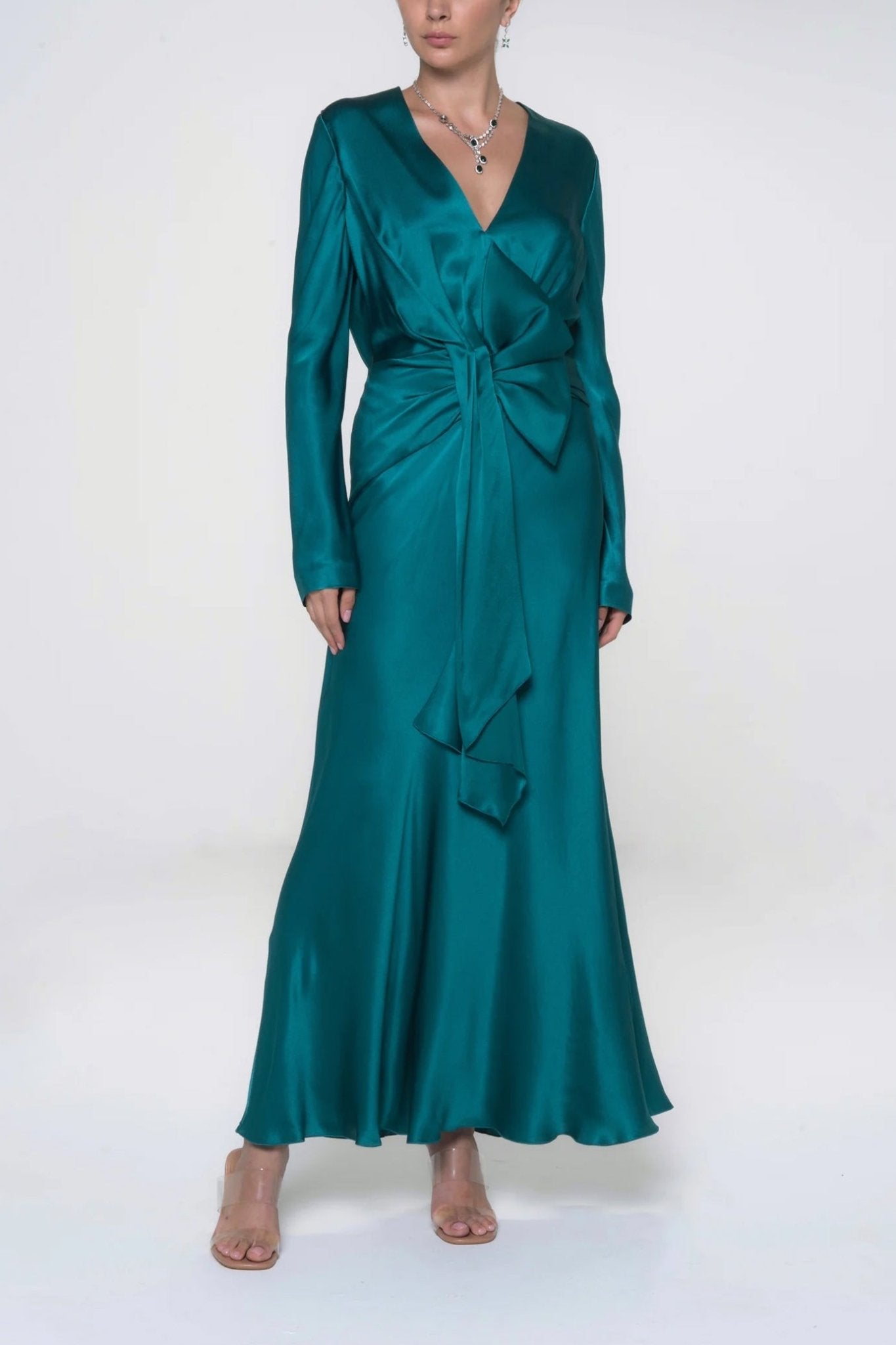 Satin Dress With Draping - ALBOUSHIYA - district 5 - dubai - riyadh - abaya - dresses - designers - evening wear - luxury - elegance - craftsmanship - gowns - cocktail dresses - collections - georges