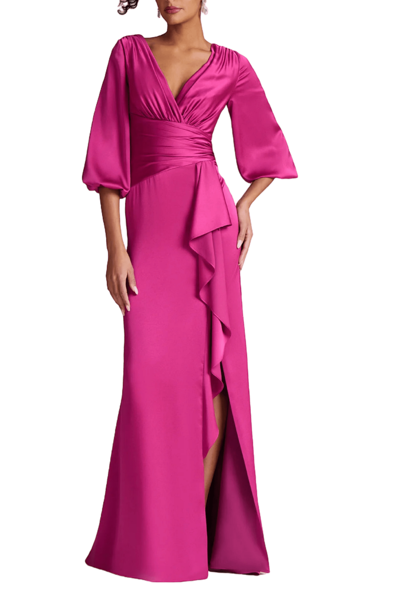 Satin Full Sleeve Side Drape Gown - ALBOUSHIYA - district 5 - dubai - riyadh - abaya - dresses - designers - evening wear - luxury - elegance - craftsmanship - gowns - cocktail dresses - collections - georges