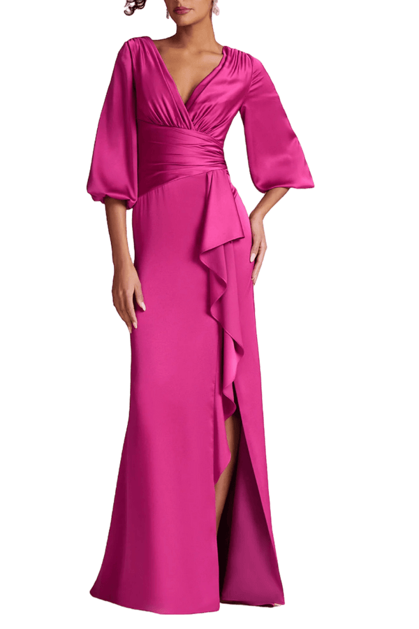 Satin Full Sleeve Side Drape Gown - ALBOUSHIYA - district 5 - dubai - riyadh - abaya - dresses - designers - evening wear - luxury - elegance - craftsmanship - gowns - cocktail dresses - collections - georges