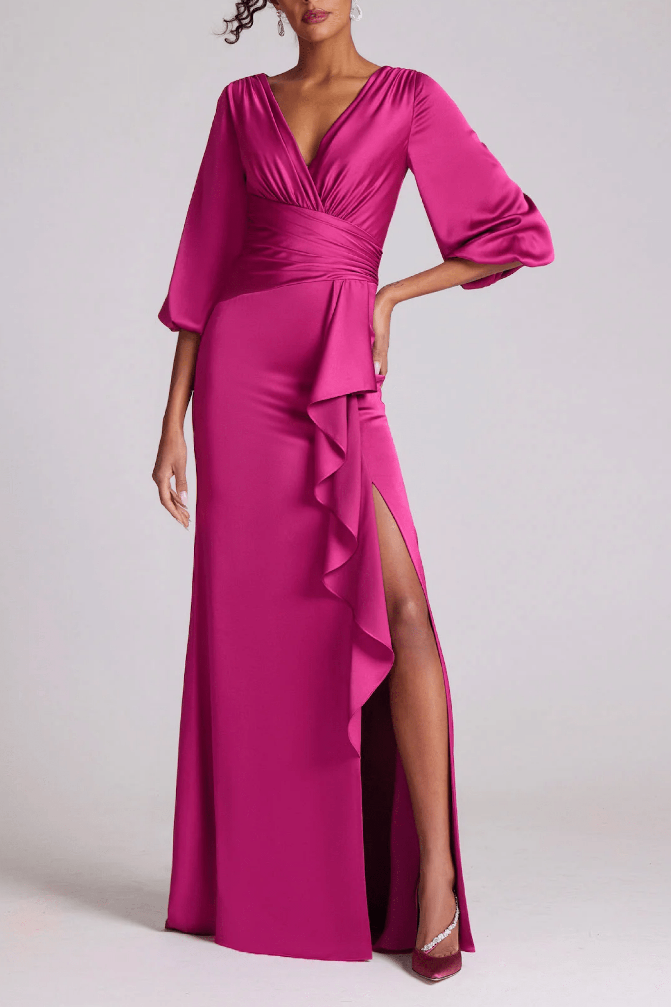 Satin Full Sleeve Side Drape Gown - ALBOUSHIYA - district 5 - dubai - riyadh - abaya - dresses - designers - evening wear - luxury - elegance - craftsmanship - gowns - cocktail dresses - collections - georges