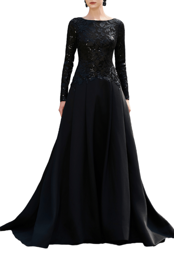 Sequin Bodice A - Line Gown - ALBOUSHIYA - district 5 - dubai - riyadh - abaya - dresses - designers - evening wear - luxury - elegance - craftsmanship - gowns - cocktail dresses - collections - georges