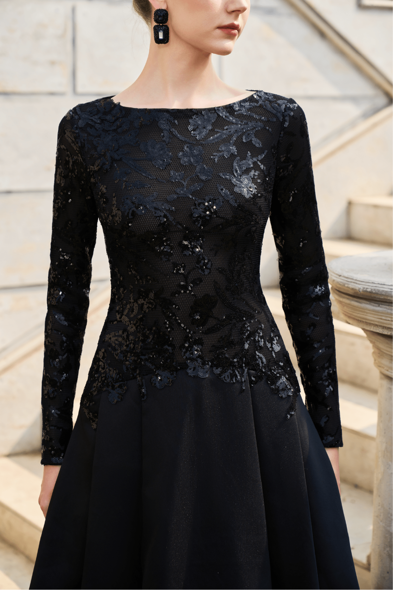 Sequin Bodice A - Line Gown - ALBOUSHIYA - district 5 - dubai - riyadh - abaya - dresses - designers - evening wear - luxury - elegance - craftsmanship - gowns - cocktail dresses - collections - georges