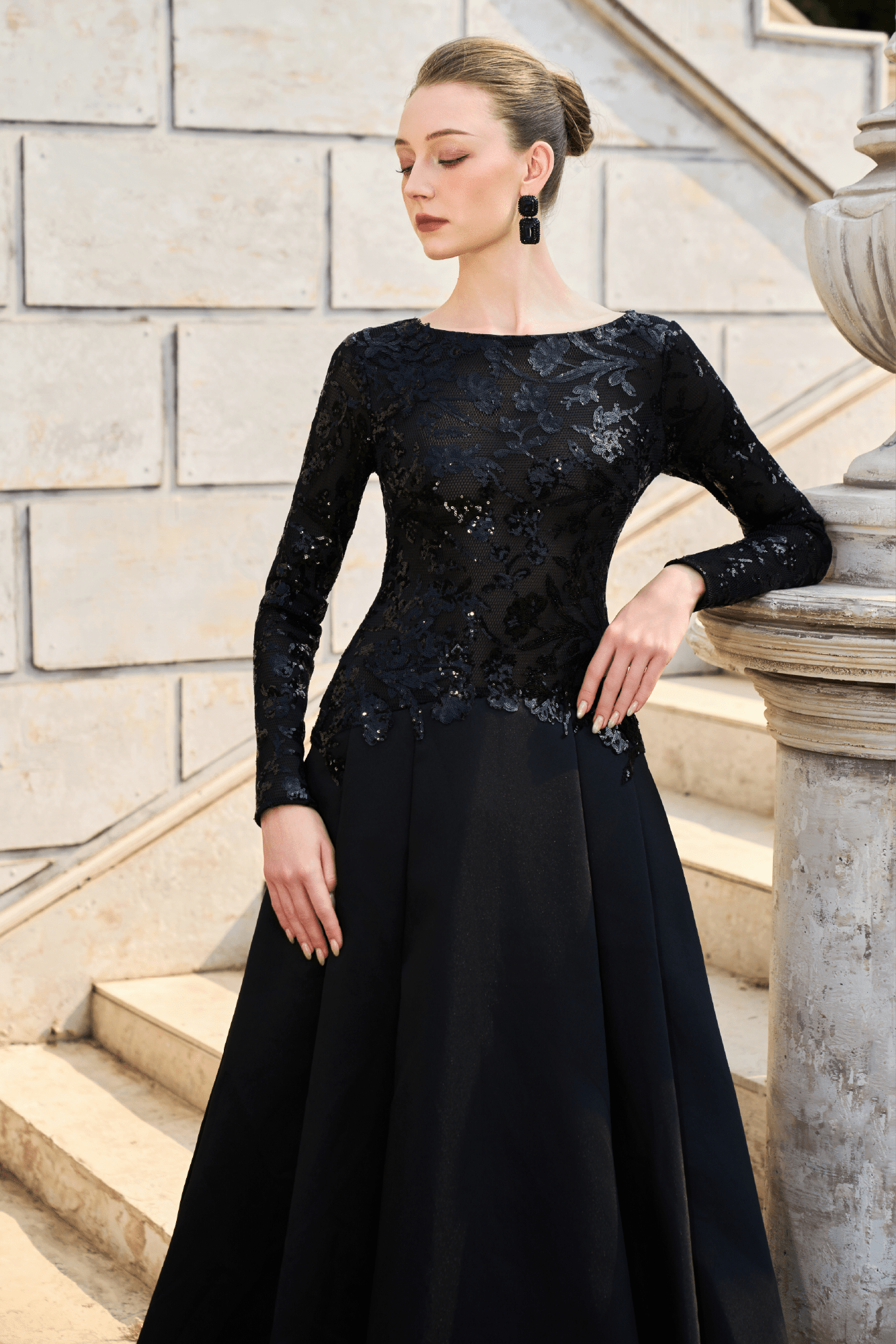Sequin Bodice A - Line Gown - ALBOUSHIYA - district 5 - dubai - riyadh - abaya - dresses - designers - evening wear - luxury - elegance - craftsmanship - gowns - cocktail dresses - collections - georges