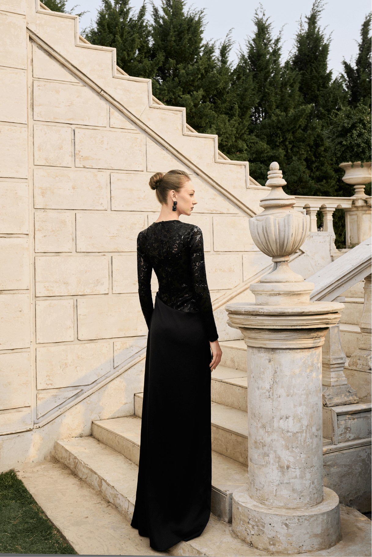 Sequin Bodice Draped Satin Gown - ALBOUSHIYA - district 5 - dubai - riyadh - abaya - dresses - designers - evening wear - luxury - elegance - craftsmanship - gowns - cocktail dresses - collections - georges