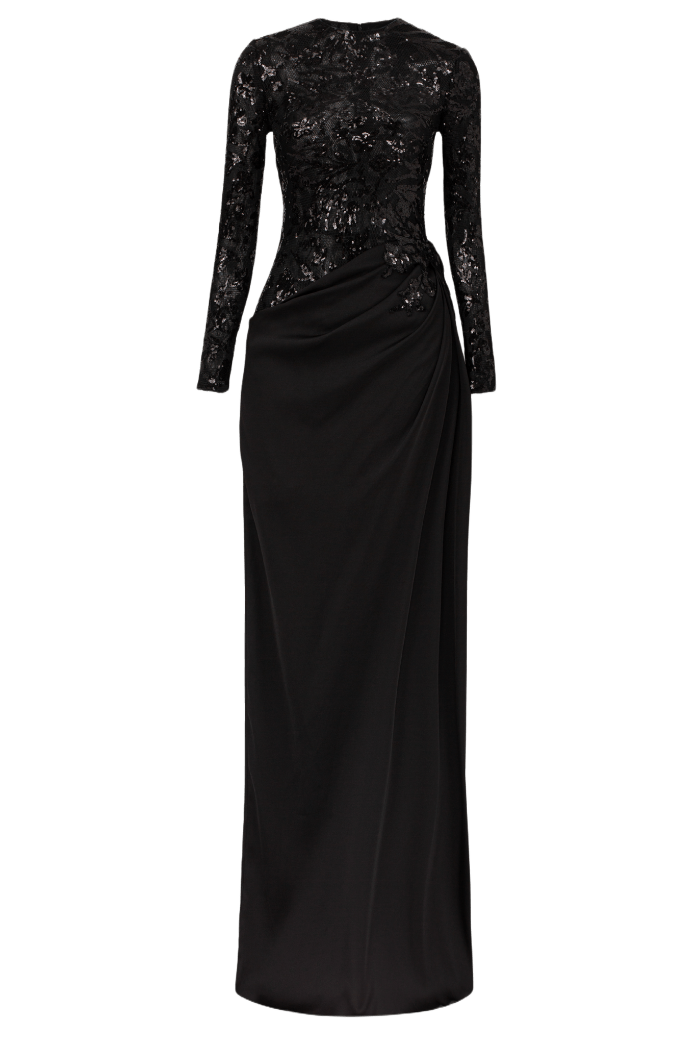 Sequin Bodice Draped Satin Gown - ALBOUSHIYA - district 5 - dubai - riyadh - abaya - dresses - designers - evening wear - luxury - elegance - craftsmanship - gowns - cocktail dresses - collections - georges