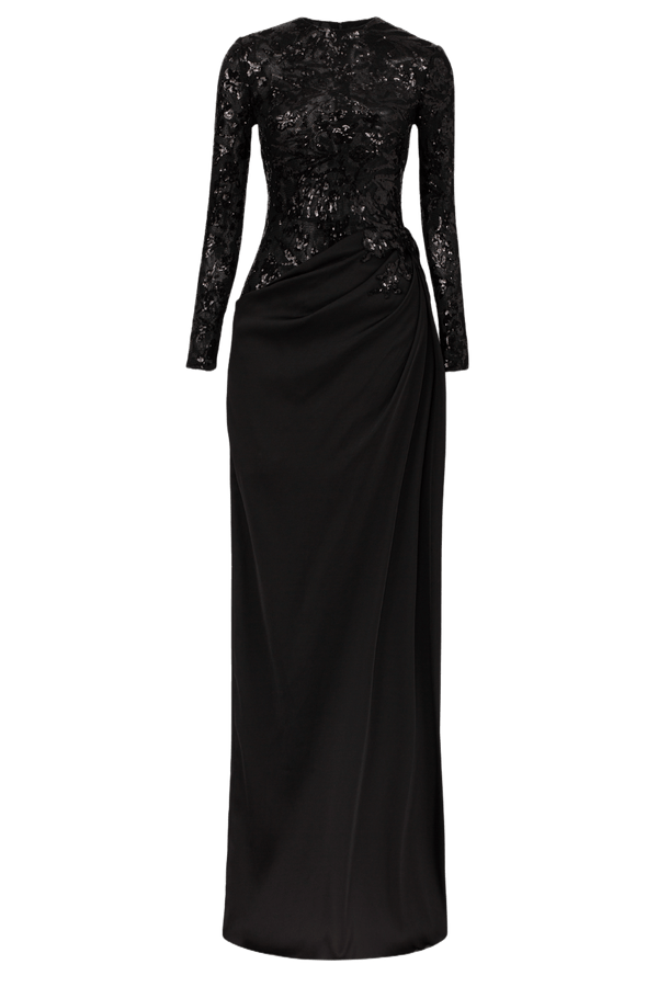 Sequin Bodice Draped Satin Gown - ALBOUSHIYA - district 5 - dubai - riyadh - abaya - dresses - designers - evening wear - luxury - elegance - craftsmanship - gowns - cocktail dresses - collections - georges