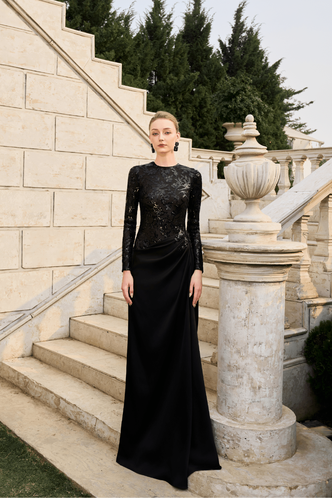 Sequin Bodice Draped Satin Gown - ALBOUSHIYA - district 5 - dubai - riyadh - abaya - dresses - designers - evening wear - luxury - elegance - craftsmanship - gowns - cocktail dresses - collections - georges