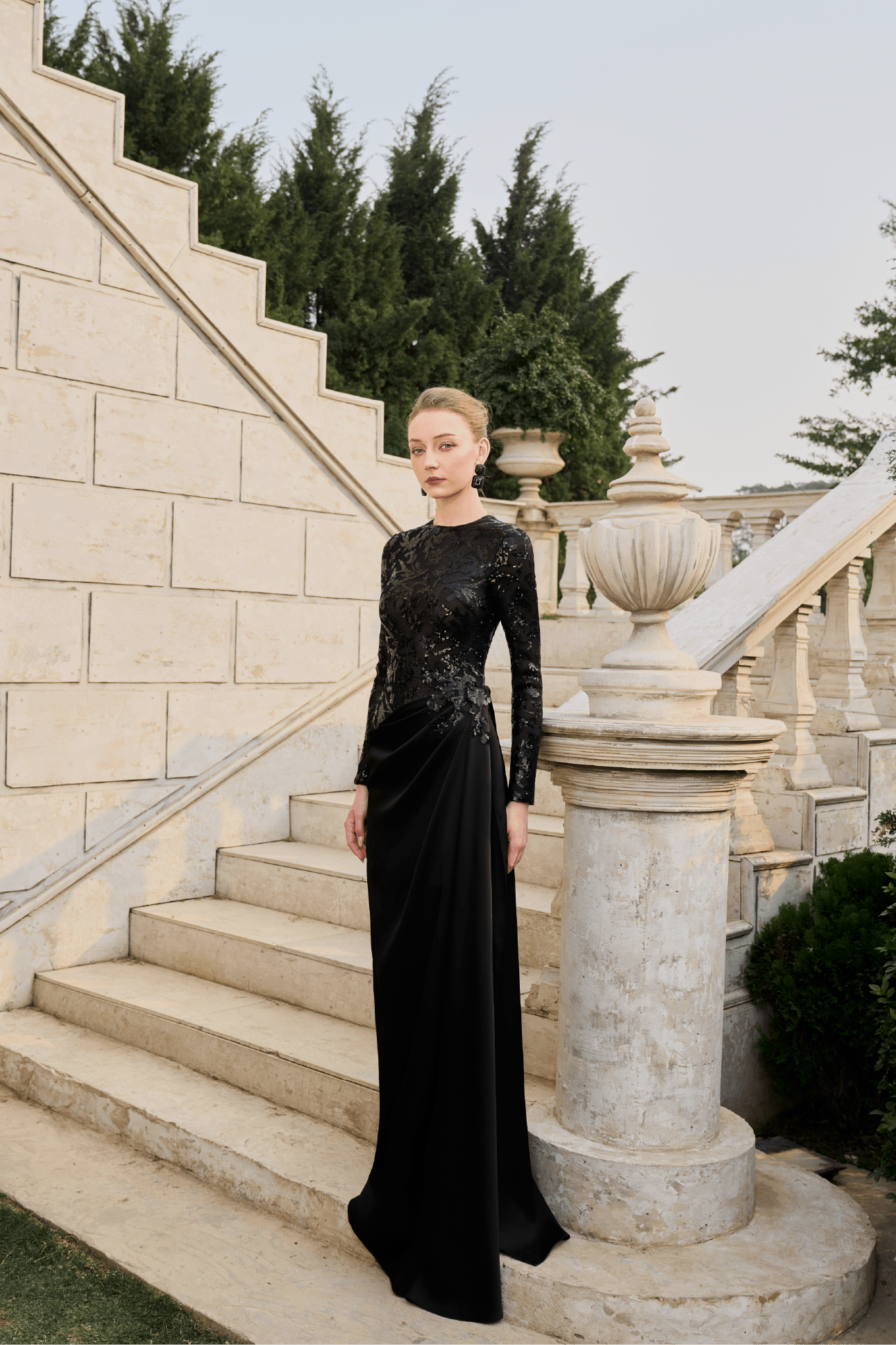 Sequin Bodice Draped Satin Gown - ALBOUSHIYA - district 5 - dubai - riyadh - abaya - dresses - designers - evening wear - luxury - elegance - craftsmanship - gowns - cocktail dresses - collections - georges
