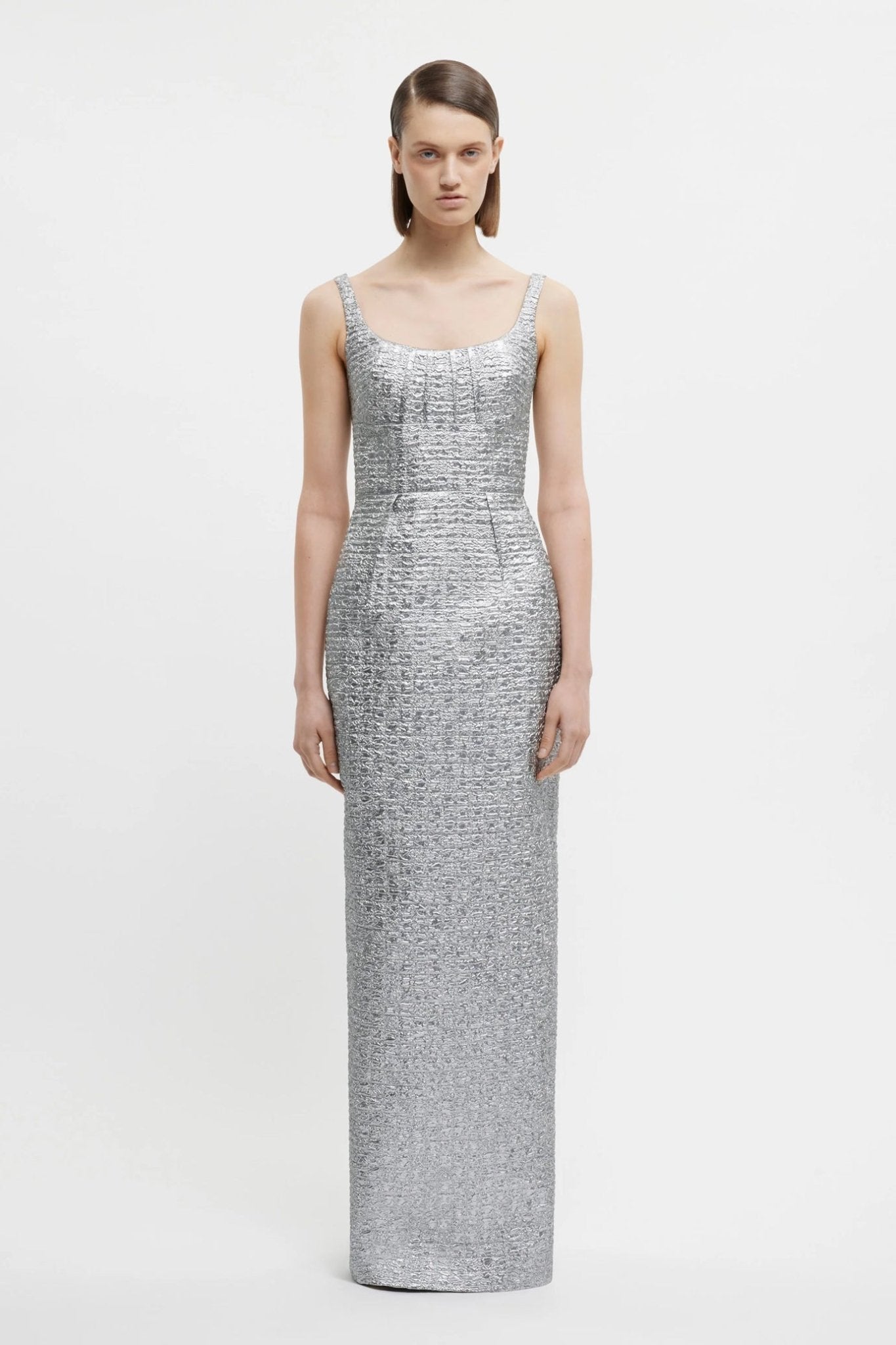 Sharon Dress In Silver Metallic Seersucker - ALBOUSHIYA - district 5 - dubai - riyadh - abaya - dresses - designers - evening wear - luxury - elegance - craftsmanship - gowns - cocktail dresses - collections - georges