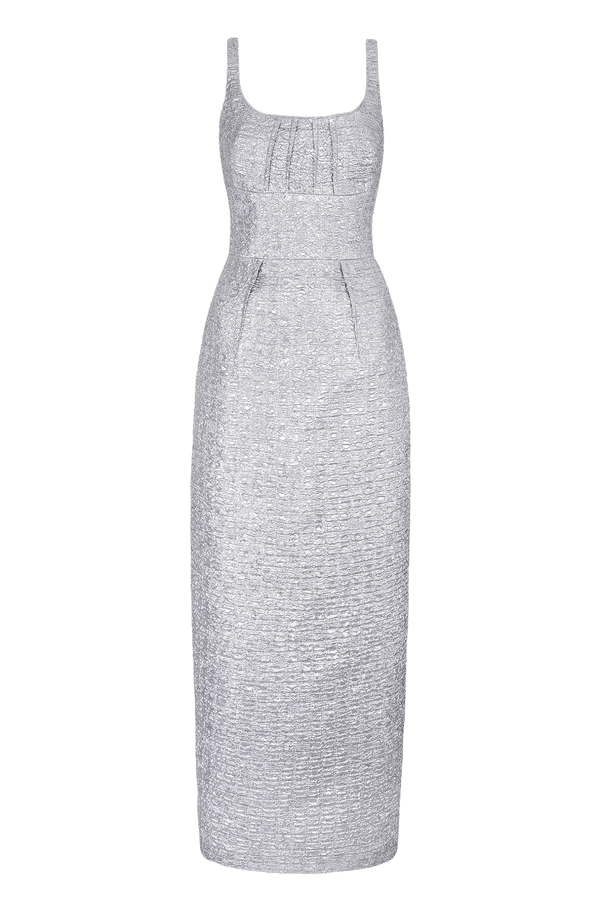 Sharon Dress In Silver Metallic Seersucker - ALBOUSHIYA - district 5 - dubai - riyadh - abaya - dresses - designers - evening wear - luxury - elegance - craftsmanship - gowns - cocktail dresses - collections - georges