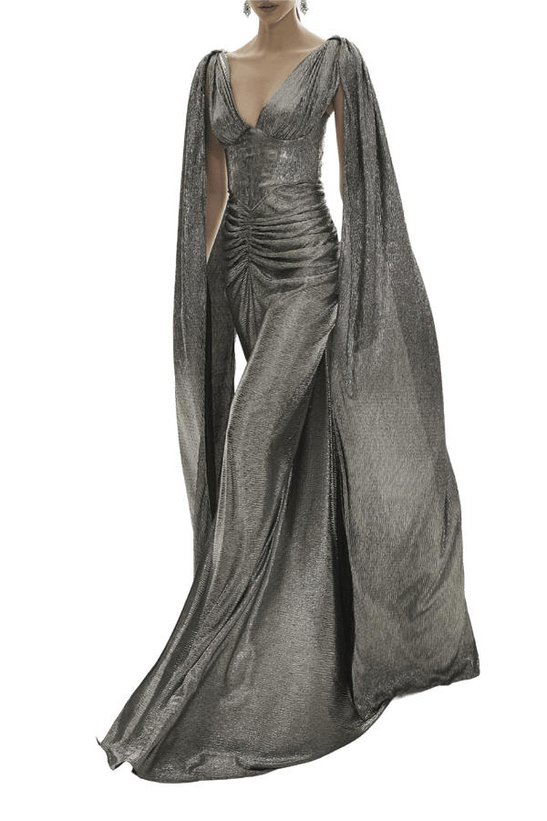Silver Sari Dress - ALBOUSHIYA - district 5 - dubai - riyadh - abaya - dresses - designers - evening wear - luxury - elegance - craftsmanship - gowns - cocktail dresses - collections - georges