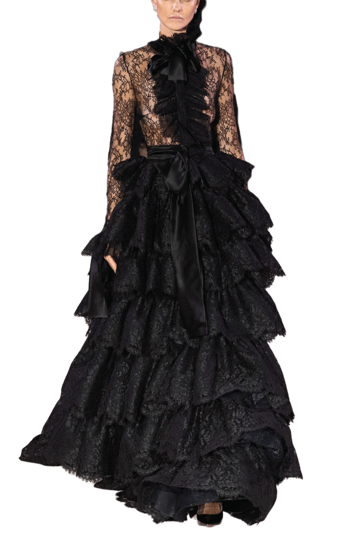 Slimline Runway Lace Ruffle Dress - ALBOUSHIYA - district 5 - dubai - riyadh - abaya - dresses - designers - evening wear - luxury - elegance - craftsmanship - gowns - cocktail dresses - collections - georges