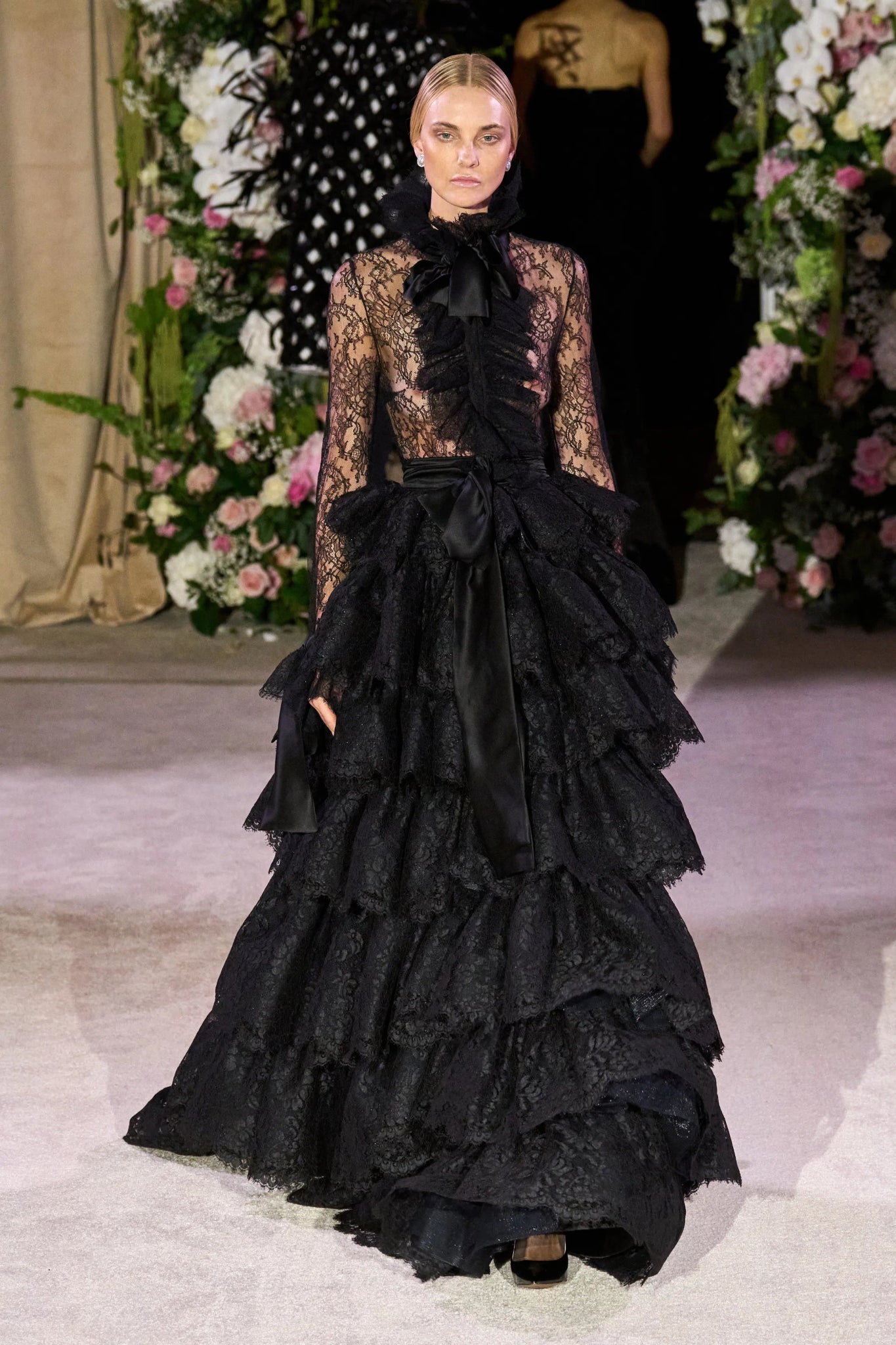 Slimline Runway Lace Ruffle Dress - ALBOUSHIYA - district 5 - dubai - riyadh - abaya - dresses - designers - evening wear - luxury - elegance - craftsmanship - gowns - cocktail dresses - collections - georges