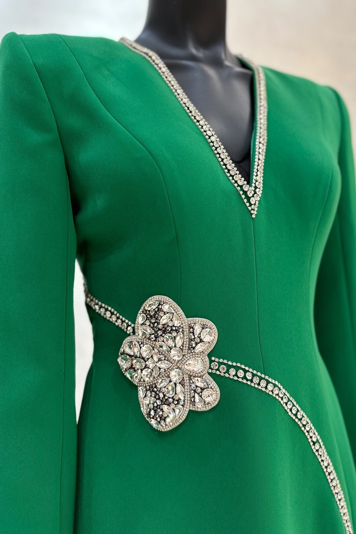 Stone Orchid Embellished V - Neck Dress - ALBOUSHIYA - district 5 - dubai - riyadh - abaya - dresses - designers - evening wear - luxury - elegance - craftsmanship - gowns - cocktail dresses - collections - georges