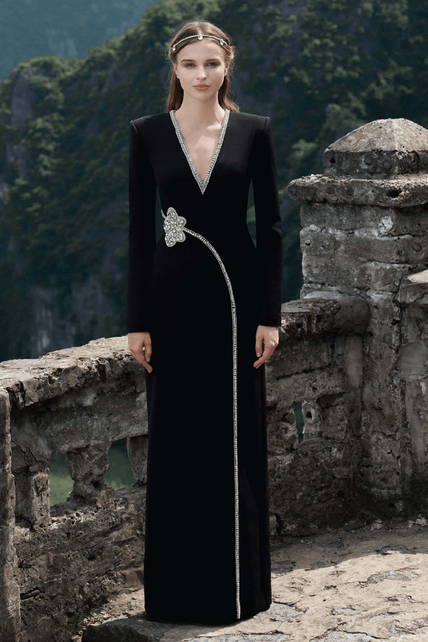 Stone Orchid Embellished V - Neck Dress - ALBOUSHIYA - district 5 - dubai - riyadh - abaya - dresses - designers - evening wear - luxury - elegance - craftsmanship - gowns - cocktail dresses - collections - georges