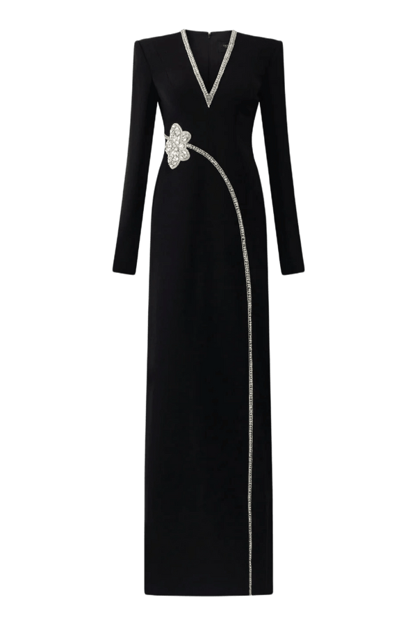 Stone Orchid Embellished V - Neck Dress - ALBOUSHIYA - district 5 - dubai - riyadh - abaya - dresses - designers - evening wear - luxury - elegance - craftsmanship - gowns - cocktail dresses - collections - georges