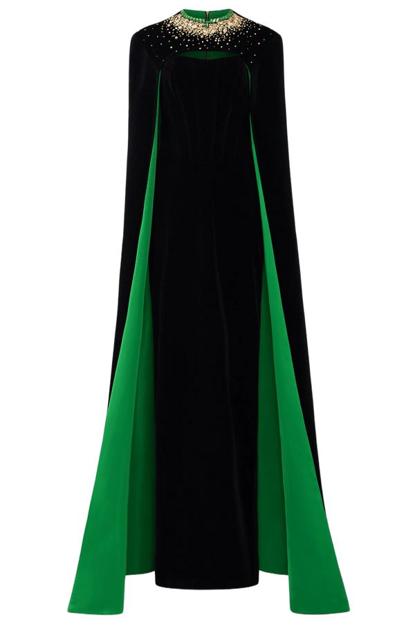 Strapless Burstier Black Velvet Gown with Long Cape - ALBOUSHIYA - district 5 - dubai - riyadh - abaya - dresses - designers - evening wear - luxury - elegance - craftsmanship - gowns - cocktail dresses - collections - georges