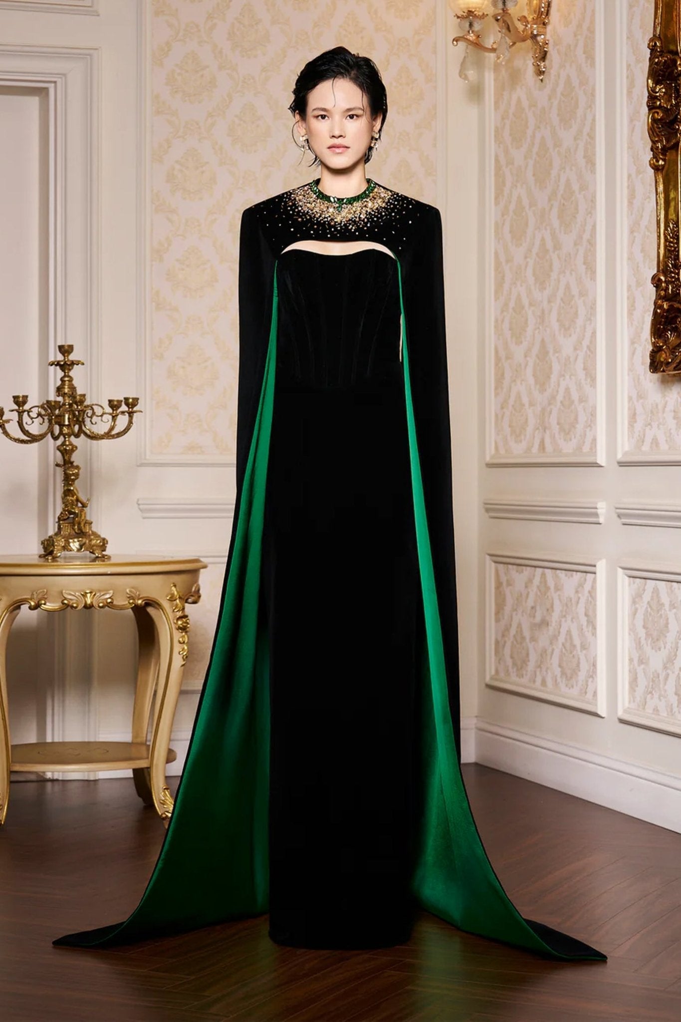 Strapless Burstier Black Velvet Gown with Long Cape - ALBOUSHIYA - district 5 - dubai - riyadh - abaya - dresses - designers - evening wear - luxury - elegance - craftsmanship - gowns - cocktail dresses - collections - georges