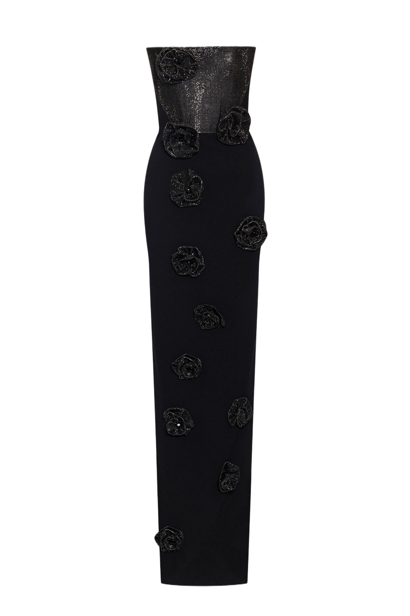 Strapless Column Gown with 3D Floral Embellishments - ALBOUSHIYA - district 5 - dubai - riyadh - abaya - dresses - designers - evening wear - luxury - elegance - craftsmanship - gowns - cocktail dresses - collections - georges