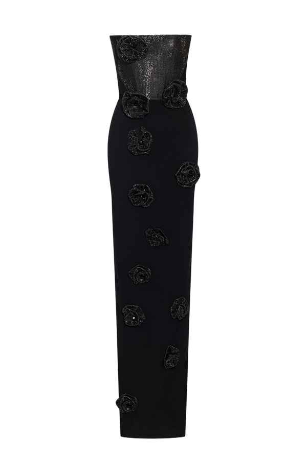 Strapless Column Gown with 3D Floral Embellishments - ALBOUSHIYA - district 5 - dubai - riyadh - abaya - dresses - designers - evening wear - luxury - elegance - craftsmanship - gowns - cocktail dresses - collections - georges