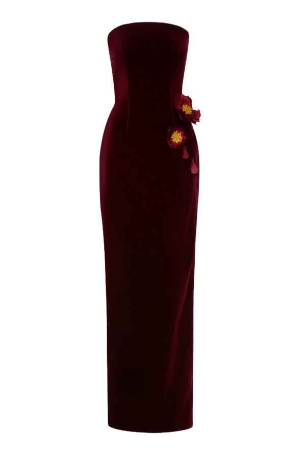 Strapless Velvet Appliqué Gown - ALBOUSHIYA - district 5 - dubai - riyadh - abaya - dresses - designers - evening wear - luxury - elegance - craftsmanship - gowns - cocktail dresses - collections - georges