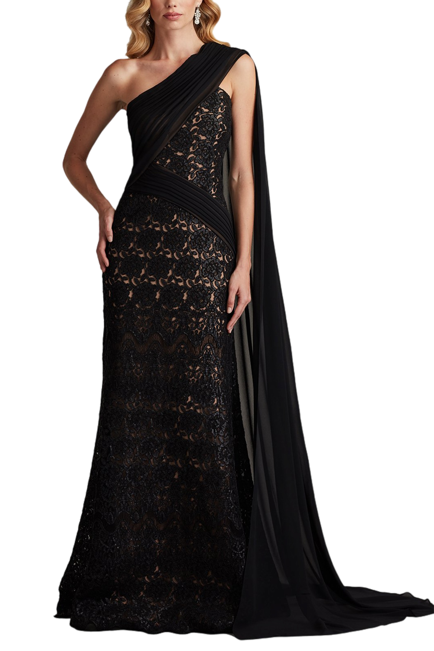 Eamon Draped Sleeve Sequin Embroidered Gown
