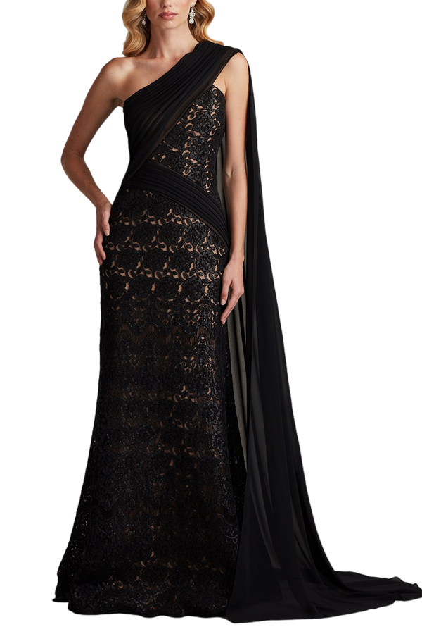 Eamon Draped Sleeve Sequin Embroidered Gown