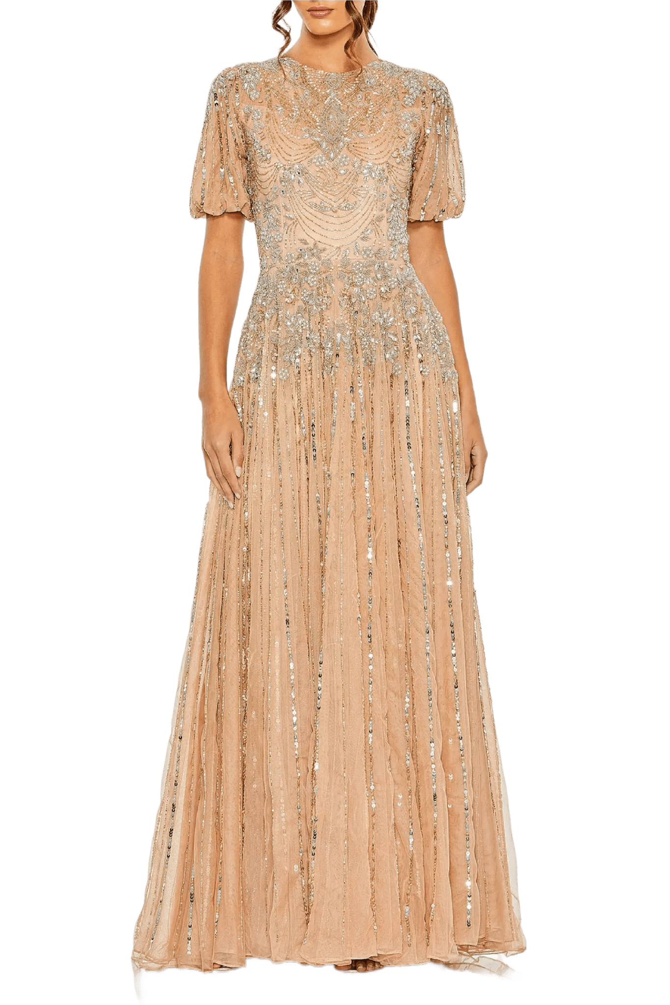 Taupe High Neck Puff Sleeve Gown - ALBOUSHIYA - district 5 - dubai - riyadh - abaya - dresses - designers - evening wear - luxury - elegance - craftsmanship - gowns - cocktail dresses - collections - georges