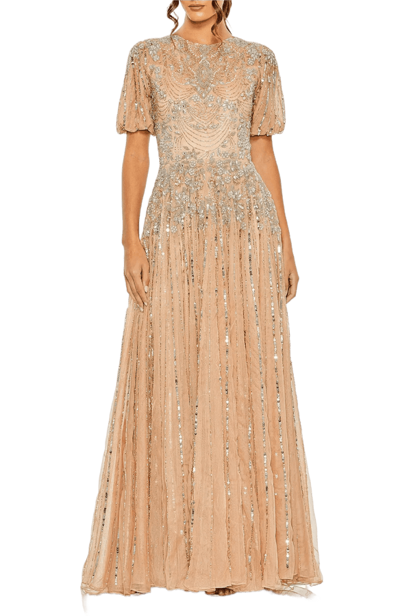 Taupe High Neck Puff Sleeve Gown - ALBOUSHIYA - district 5 - dubai - riyadh - abaya - dresses - designers - evening wear - luxury - elegance - craftsmanship - gowns - cocktail dresses - collections - georges