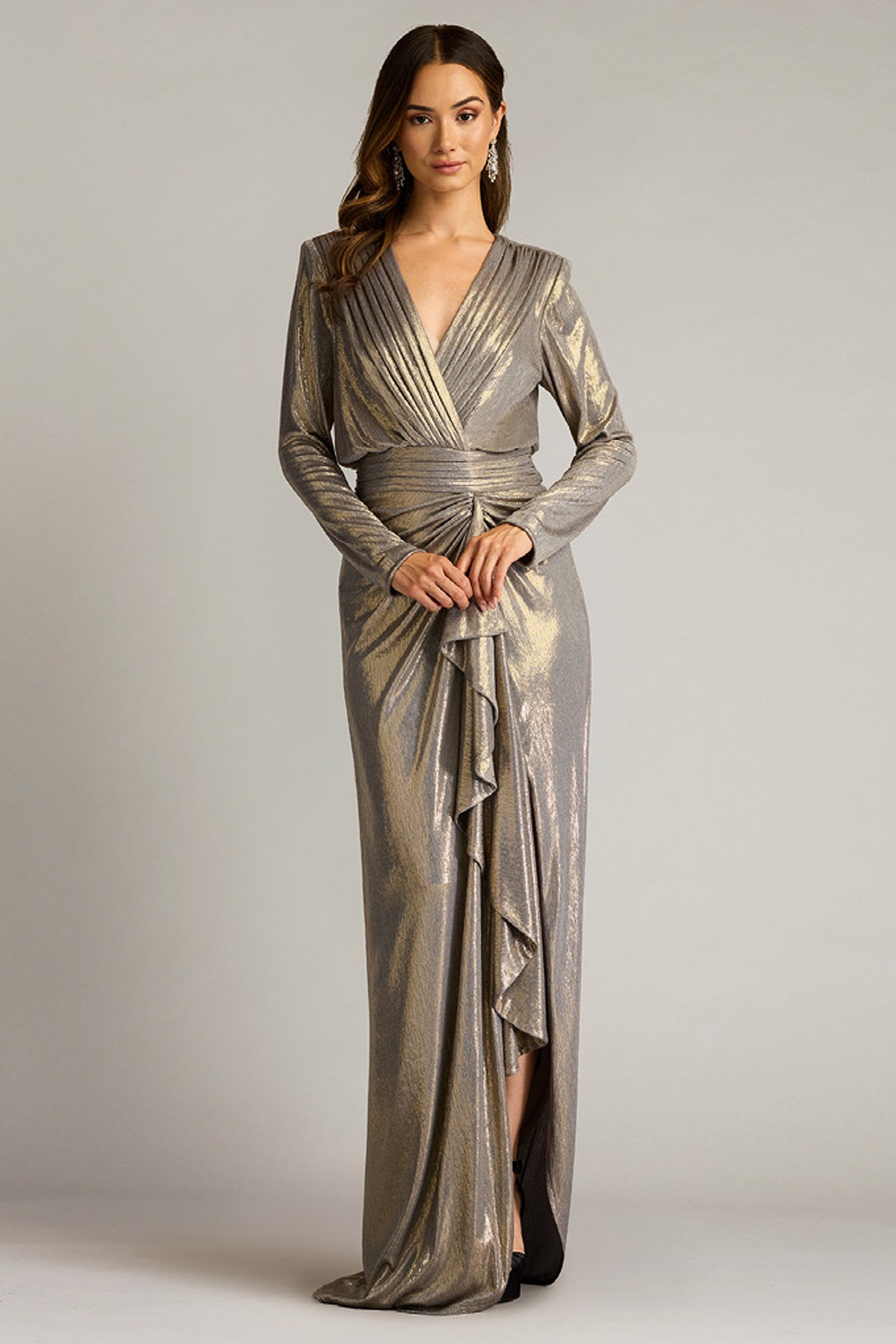 Metallic Jersey Long Sleeve Blouson Gown