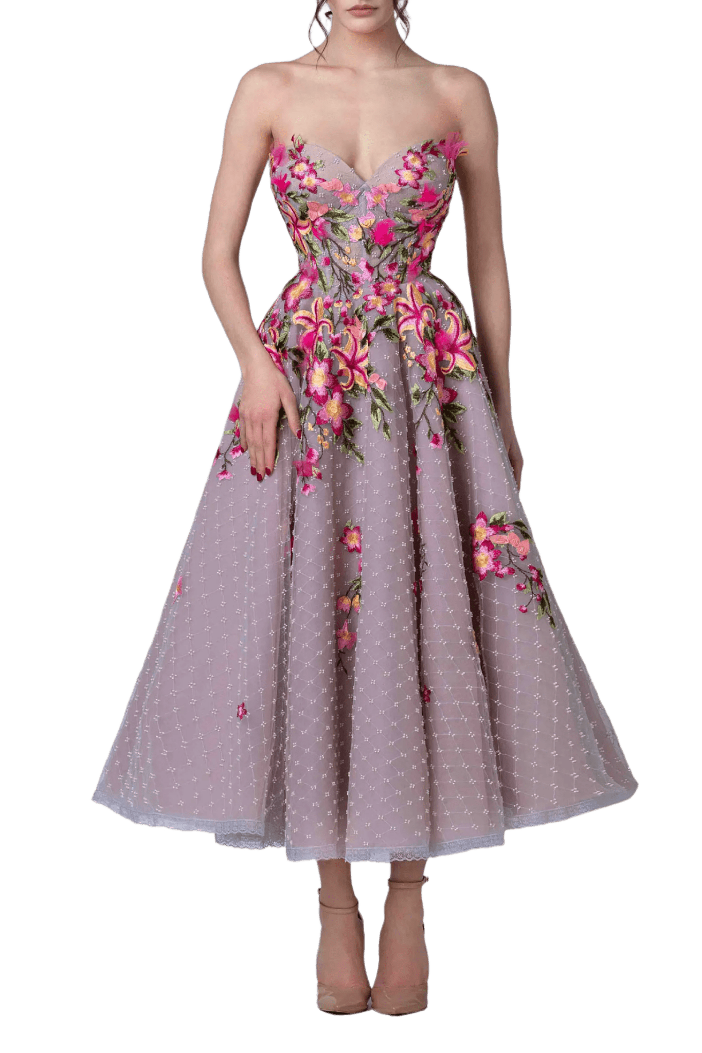 Tea Length Floral Dress - ALBOUSHIYA - district 5 - dubai - riyadh - abaya - dresses - designers - evening wear - luxury - elegance - craftsmanship - gowns - cocktail dresses - collections - georges