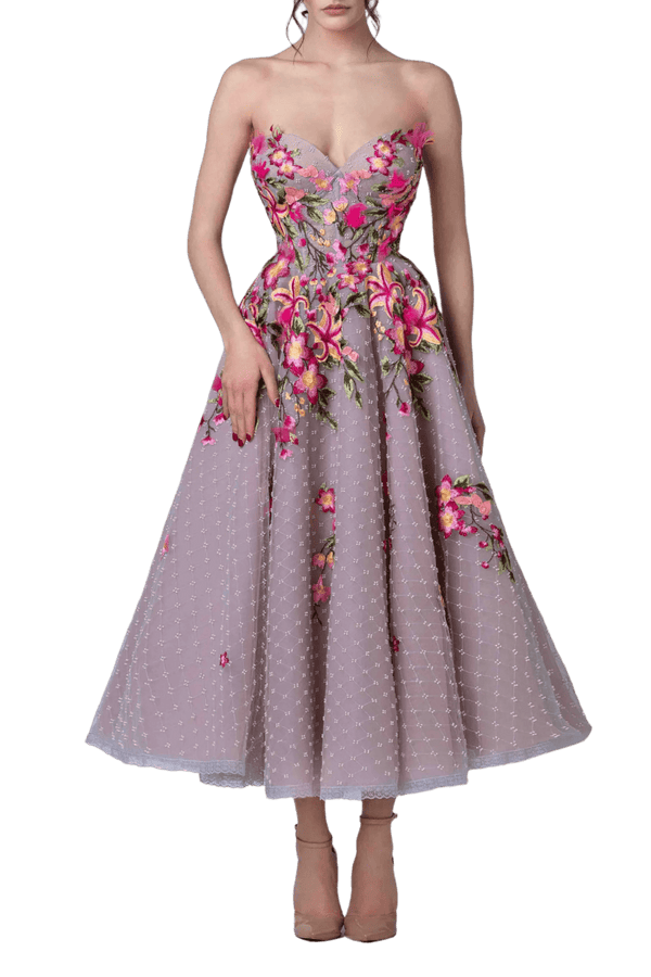 Tea Length Floral Dress - ALBOUSHIYA - district 5 - dubai - riyadh - abaya - dresses - designers - evening wear - luxury - elegance - craftsmanship - gowns - cocktail dresses - collections - georges
