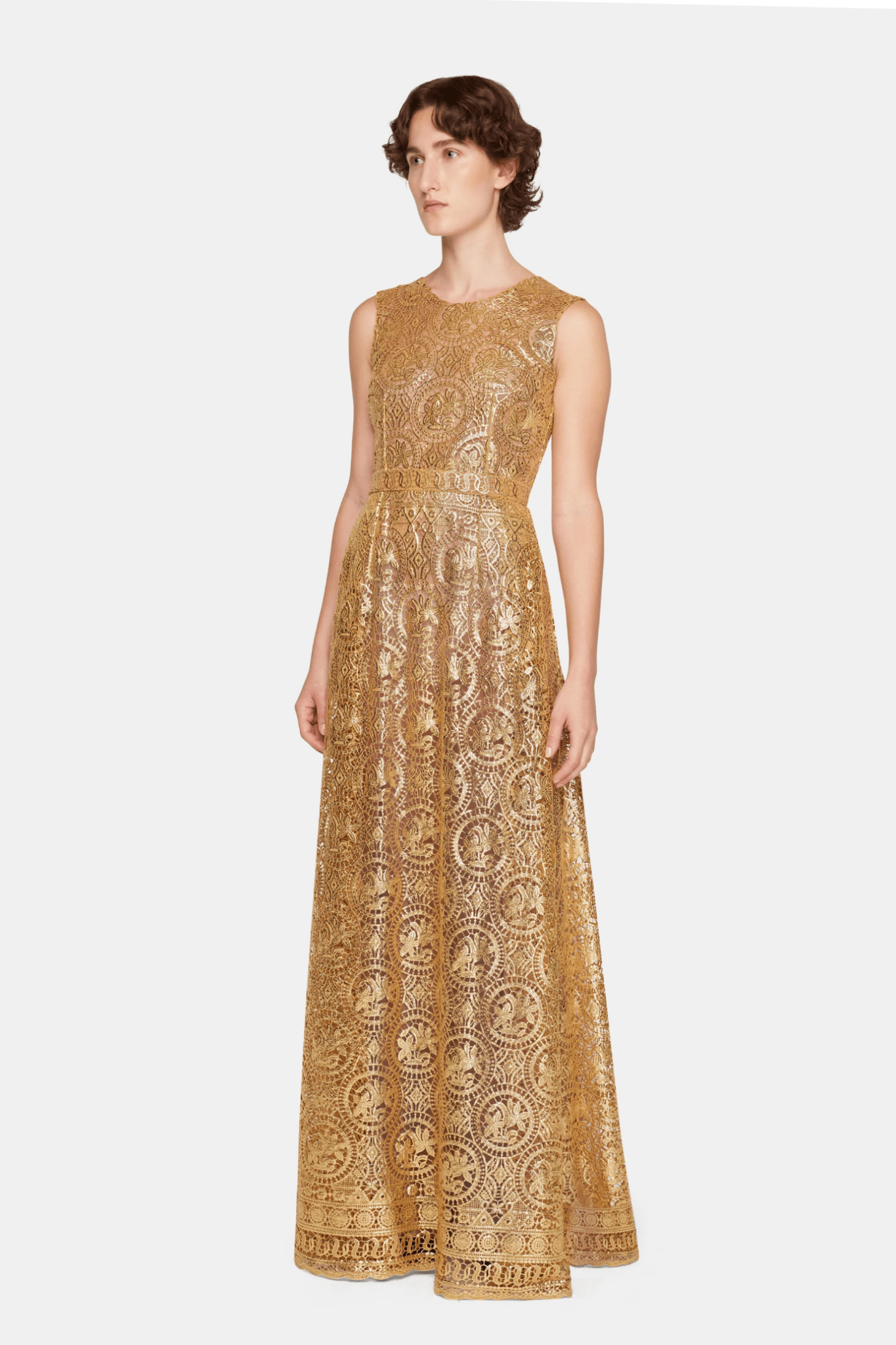 Torres Dress In Gold Foiled Guipure - ALBOUSHIYA - district 5 - dubai - riyadh - abaya - dresses - designers - evening wear - luxury - elegance - craftsmanship - gowns - cocktail dresses - collections - georges