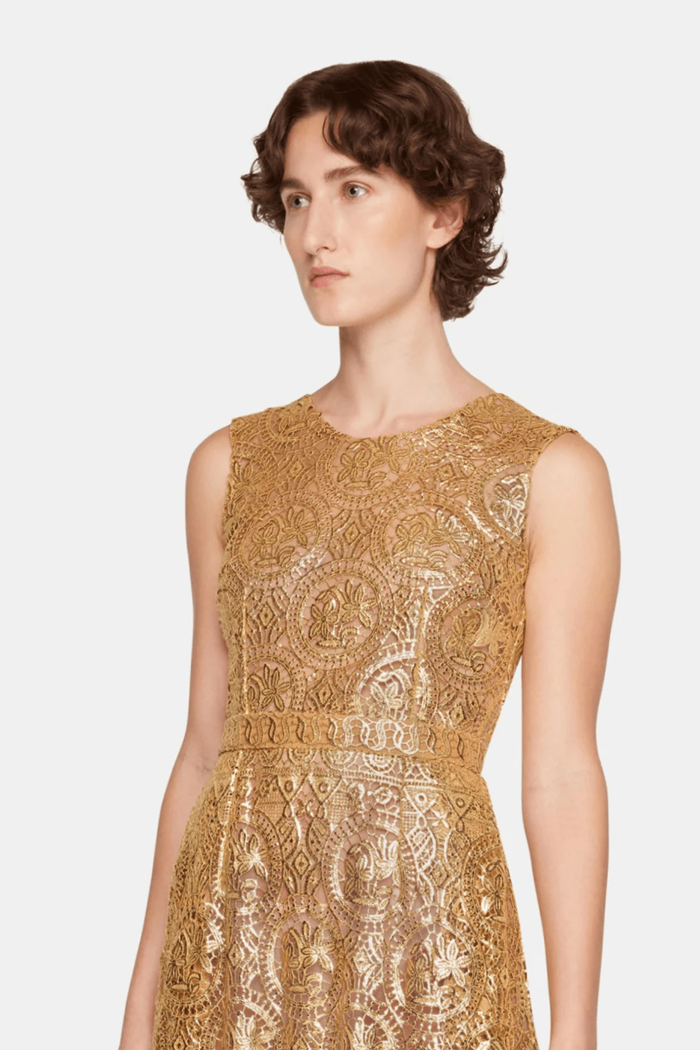 Torres Dress In Gold Foiled Guipure - ALBOUSHIYA - district 5 - dubai - riyadh - abaya - dresses - designers - evening wear - luxury - elegance - craftsmanship - gowns - cocktail dresses - collections - georges