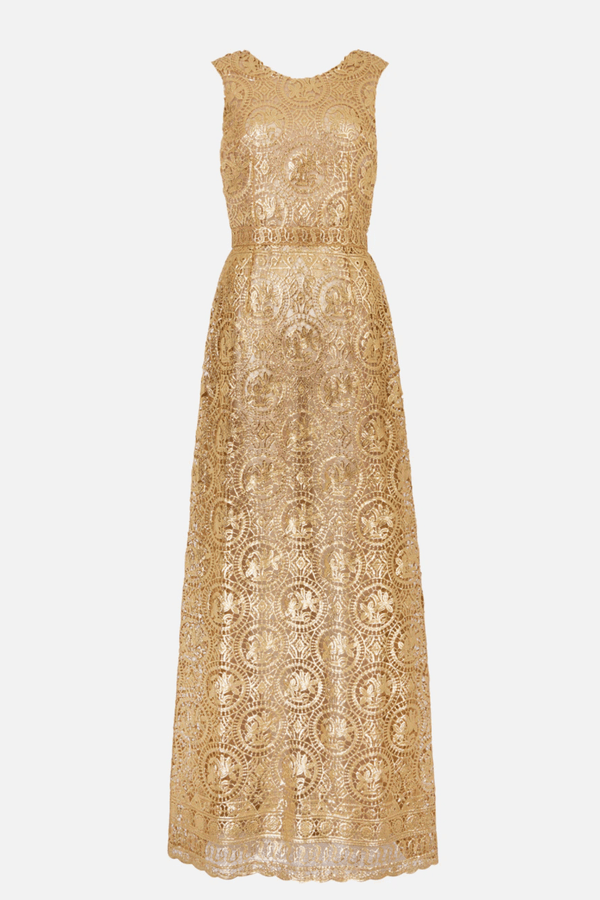 Torres Dress In Gold Foiled Guipure - ALBOUSHIYA - district 5 - dubai - riyadh - abaya - dresses - designers - evening wear - luxury - elegance - craftsmanship - gowns - cocktail dresses - collections - georges