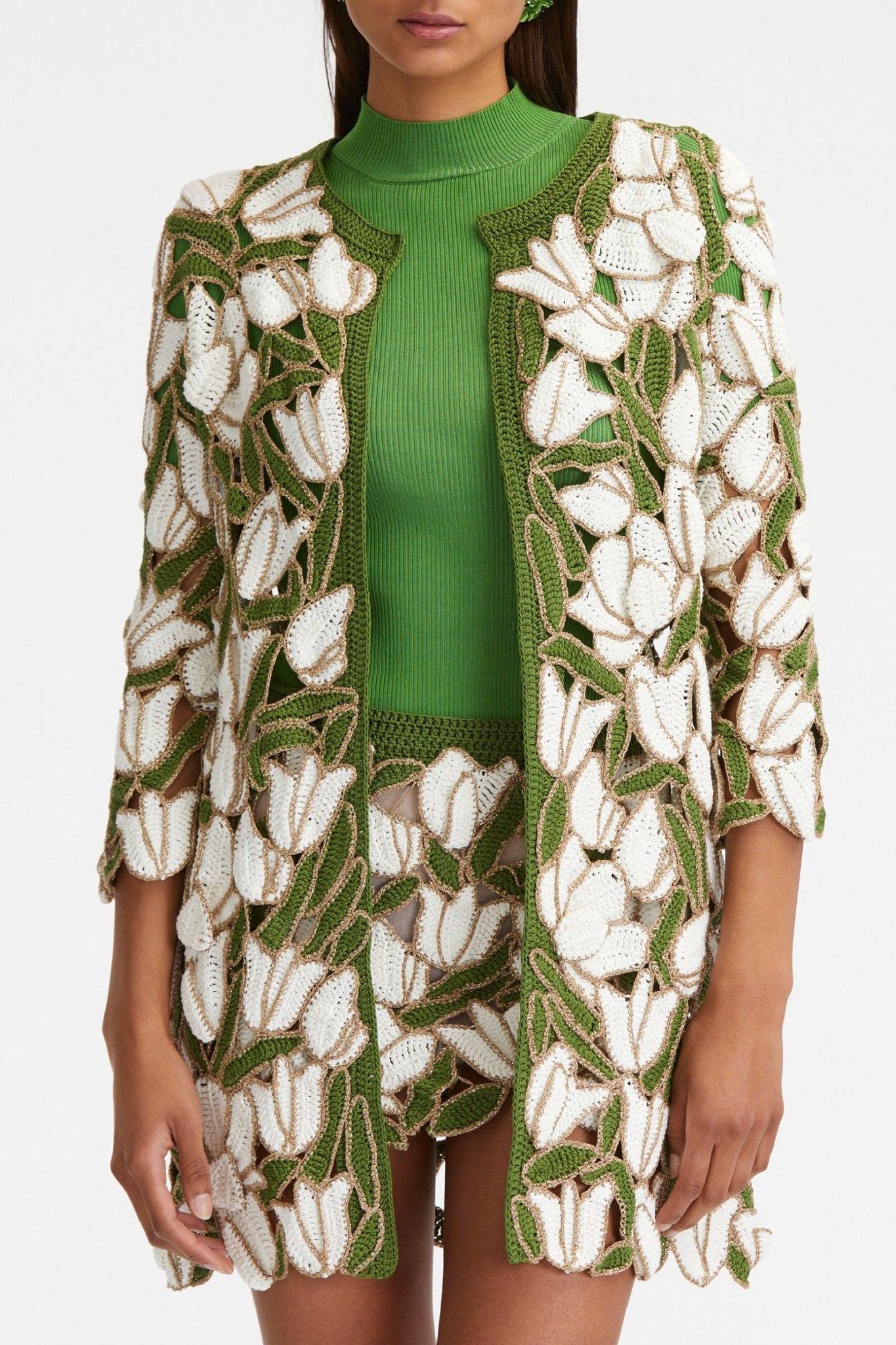 Tulip & Leaves Crochet Coat - ALBOUSHIYA - district 5 - dubai - riyadh - abaya - dresses - designers - evening wear - luxury - elegance - craftsmanship - gowns - cocktail dresses - collections - georges